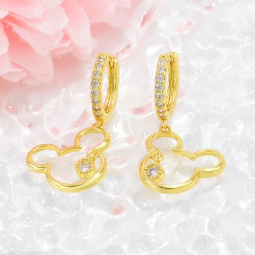 Mouse Earrings for Women Sterling Silver Plated Gold Mouse Dangle Hoop Earrings Sparkling CZ Lucky Cute Mini Earrings Animal Fashion Hypoallergenic Princess Jewelry Gifts for Daughter Birthday2