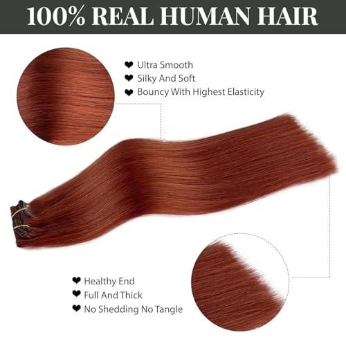 Image of Auburn Clip in Hair Extensions Real Human Hair Straight Seamless Invisible 5 Pcs 70G Double Weft Silky Human Hair Clip ins Extension for Women #135 16 Inch