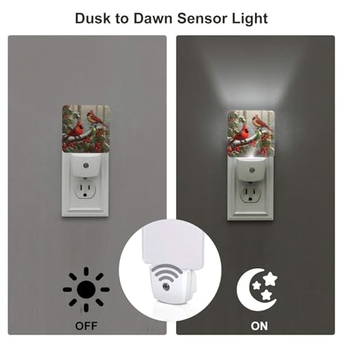 Image of Christmas Red Birds Night Light Set of 2, Winter Snow Auto Sensor LED Dusk-to-Dawn Nightlights, Plug-in Sensor Lamp for Bedroom Bathroom Kitchen Hallway Stairs Decorative