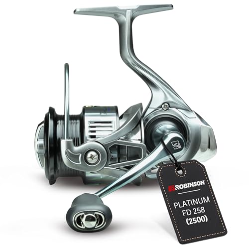 Robinson Angelrolle mit 8 Kugellagern - Rücklaufsperre - Graphitgehäuse - Aluminiumspule - 5.2:1 Übersetzung - 8kg Bremskraft - Spinnrolle - Platinum (2500)