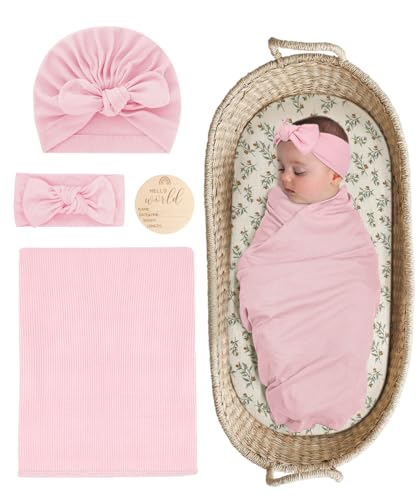 Image of ZURLEFY Stretchy Baby Swaddle Blanket and Headband Set, Newborn Receiving Blankets with Matching Hat for Nursery Swaddle Wrap