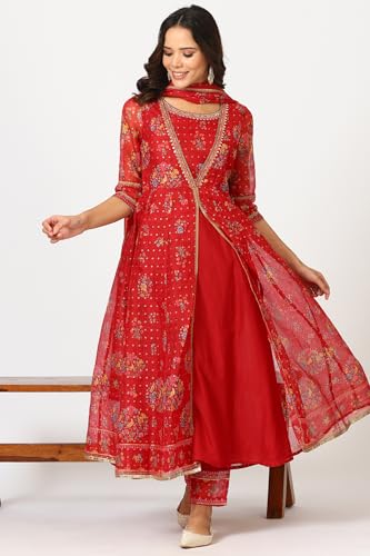 Image of W for Woman Women's Polyester Crimson Red Embroidered Flared Kota, Straight Kurta and Pant with Dupatta Set