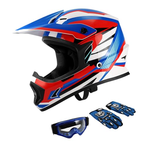 Image of XFMT Youth Dirt Bike Helmet DOT Kids Full Face Helmet for Motocross ATV Off-Road Street Bike Four Wheeler with Goggles & Gloves, Red White and Blue X-Large