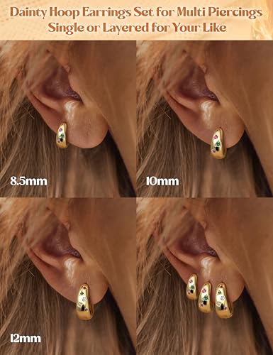 14K Gold Plated Hoop Earrings Set for Women - 3Pairs Chunky 14K Gold Plated Silver Huggie Earrings Small Earrings Lightweight Hypoallergenic MultiColored CZ Hoop Earrings Stacks for Multiple Piercing4