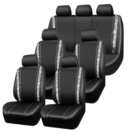 Image of CAR PASS Bling Diamond Leather Car Seat Covers 7 Seats 3 Rows,Black Silver