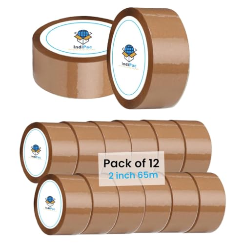 Image of Indipac BOPP Brown Cello Tape 2 Inch 65m Roll - Heavy Duty Sealing Tape for Carton Box Packing, Warehouse, Industrial, Office & Ecommerce Packaging Tapes (Pack of 12)