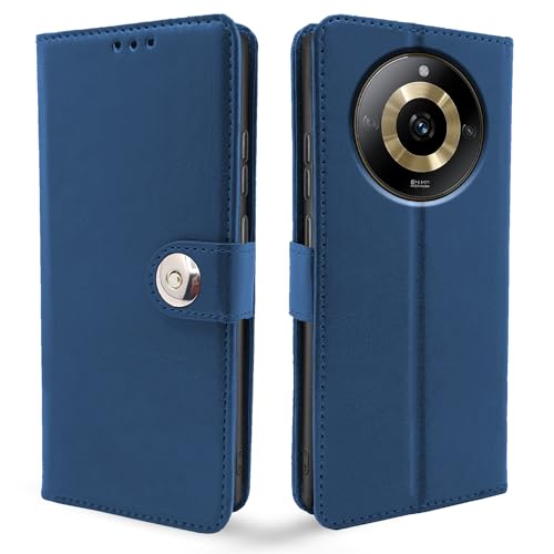 Image of Pikkme Realme Narzo 60 5G Flip Cover Leather Finish | Inside TPU with Card Pockets | Wallet Stand and Shock Proof | Complete Protection Button Flip Case (Blue)