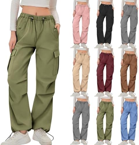 Full Length Cargo Pants Women Baggy Waterproof Hiking Pants Light Weight Elastic Drawstring Sweatpant with Toggle