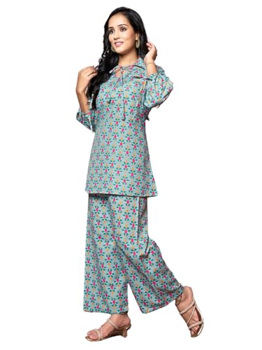 Image of DHRUVI TRENDZ Womens Rayon Co-ord Set Regular Fit Kurta Set 1 (DT-K-W1704&TR797 Light Green L)