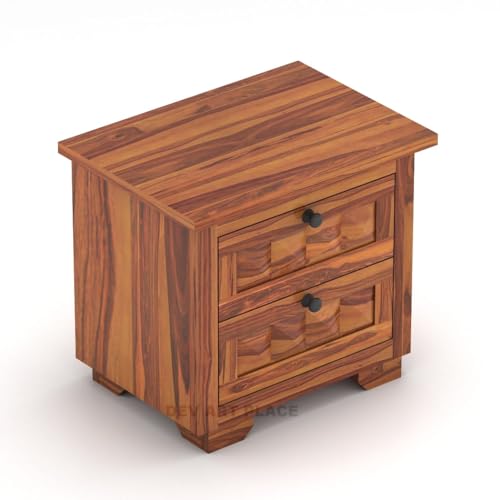 Image of Solid Sheesham Wood Bedside Table for Bedroom | Handmade Pure Wooden Bed Side Nightstand End Table with 2 Drawers Storage for Home & Bed Room | Rosewood, Honey