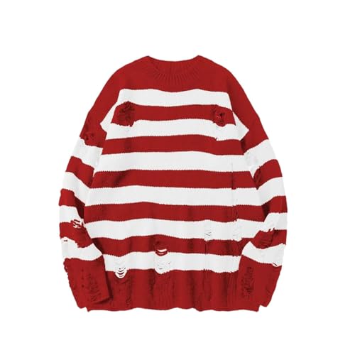 Mens Vintage Long Sleeve Ripped Striped Sweater Casual Crew Neck Stripe Pullovers