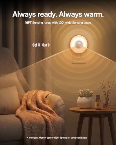 Image of YELKO Motion Sensor Night Light - Plug-in 3000K Warm White Anti-Glare LED Nightlight, Ultra Bright Cozy Soft Glow Not Dazzling for Hallway, Stairs, Garage, Bedroom, Bathroom, Garage, Kitchen, 4 Pack