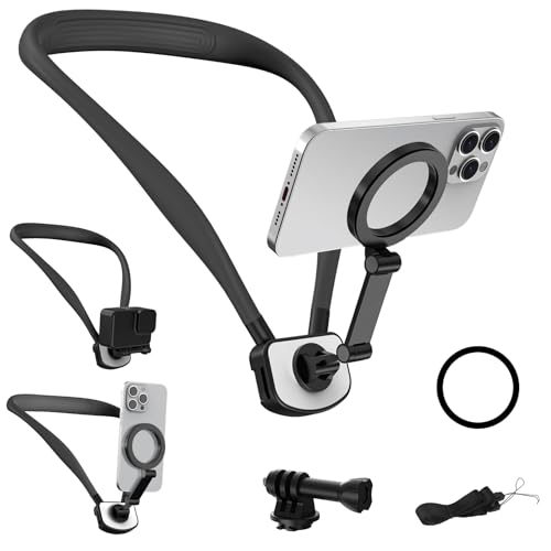 LPQKCcY Magnetic Neck Mount for All Phones Camera, Multiple Angles Neck Phone Holder POV/Vlog Filming Selfie Mount Hand Free Kit Chest Stand Strap Video Recording for GoPro for DJI (Black)