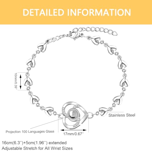 Image of Uloveido Cute Stainless Steel Heart Link Chain Bracelet | 100 Different Languages I Love You Projection Bracelets for Women Girls