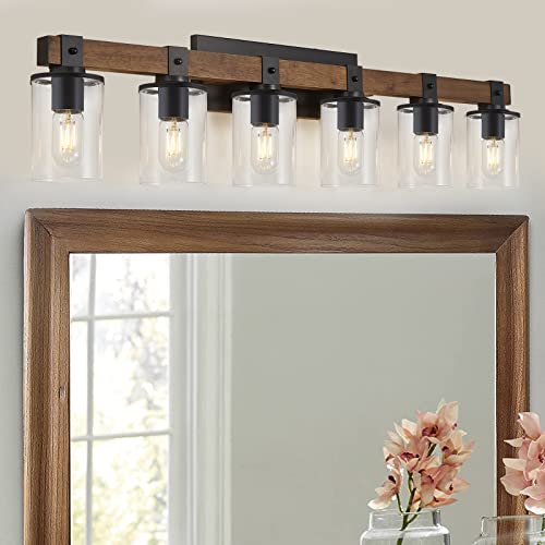 DUJAHMLAND 6-Light Wood Vanity Light,40.5 inch Farmhouse Bathroom Metal Wall Sconce with Cylinder Clear Glass Shade,Industrial Wall Light Fixtures for Hallway,Kitchen,Bedroom(Wood, 6-Light) DUJAHMLAND 6-Light Wood Vanity Light,40.5 inch Farmhouse Bathroom Metal Wall Sconce with Cylinder Clear Glass Shade,Industrial Wall Light Fixtures for Hallway,Kitchen,Bedroom(Wood, 6-Light)