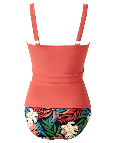 MOOSLOVER Women Twist V Neck Tankini Swimsuits High Wasited Two Piece Bathing Suits Swimwear(M,Coral Pink Leaf) - Image 4