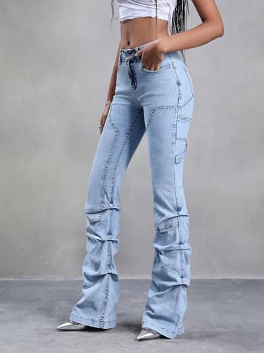 Women's Mid-Rise Jean Casual Pleated Denim Long Pants With Pockets 5