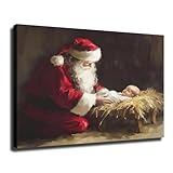 Santa Kneeling At Manger Wall Art, Nativity Christmas Wall Decor, Santa Wall Art, Christmas Manger Art Ready to Hang For Living Room Bedroom (Framed,12×18-inch)