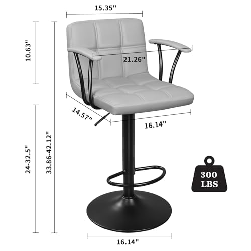 ERGOSEAT Bar Stools Set of 2, Armrest Adjustable Swivel Barstools with Back, Double Needle PU Leather Counter Height Chairs for Kitchen lsland (Light Grey)