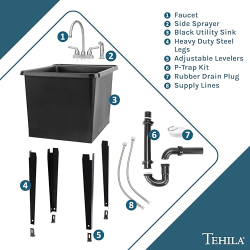 Image of Black Space Saver Utility Sink by JS Jackson Supplies, Freestanding Tehila Space Saving Laundry Tub, Stainless Steel Gooseneck Faucet with Side Sprayer