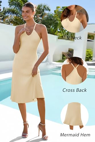 Image of Arach&Cloz Women's Knit Adjustable Halter V Neck Summer Vacation Dress 2025