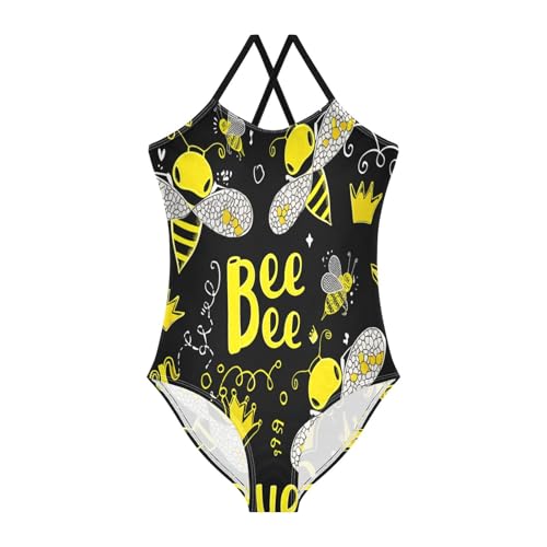 RPLIFE Bees Vibrant Yellow Black One Piece Mädchen Badeanzug mit verstellbarem Schultergurt Strand Badeanzug Mädchen 3-10, Bienen, leuchtendes Gelb, Schwarz, 9-10 Jahre