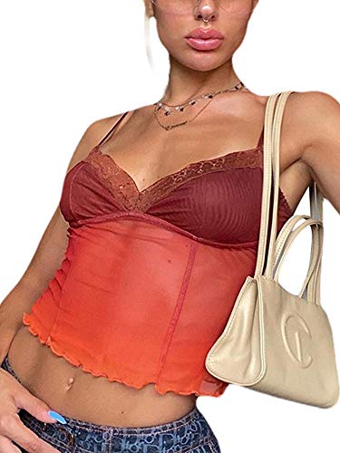 Women Lace Crop Top Sexy Strap Tank Top Backless Slim E-Girl Camis Sleeveless Summer See Through Camisole Top Shirt (Orange, Small) #TOP3