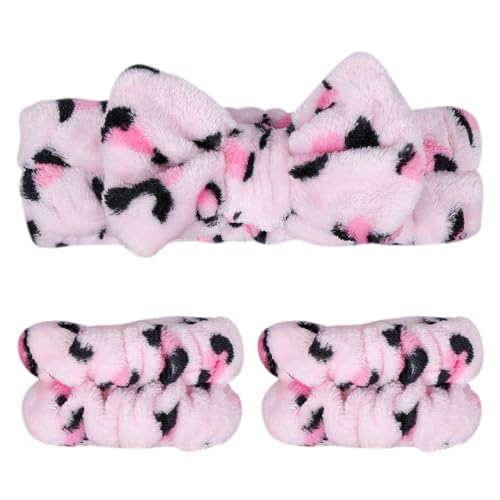 Miroksh Pink Leopard Print Plush Wash Face Headband Bowknot Cheetah Spa Hair Band Wrist Cuffs Women Girls Facial Makeup Skincare Bath Head Wrap Lady Costume Party Supply Xmas Gift