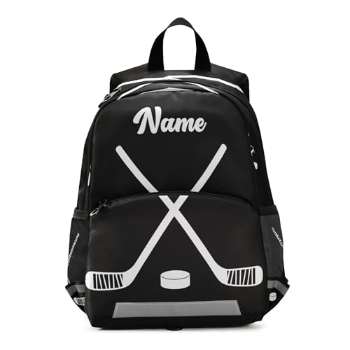 Fisyme Hockey Stick Puck Black Custom Backpack Schoolbag Kids Daypack Toddler Travel School Bag Small Backpacks for Kindergarten Preschool Nursery Boys Girl