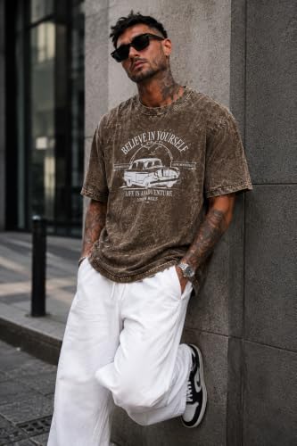 Image of London Hills Men's Oversized t Shirt for Men Graphic T-Shirt | Acid Wash Printed Men T-Shirts | Tshirt for man Round Neck Half Sleeve Pure Cotton Casual Mens tees | Off Shoulder Tshirt Shirts man