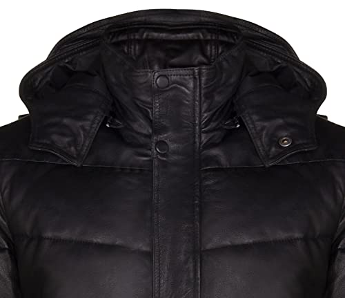 Men's Puffer Black Leather Quilted Warm Bomber Hooded Jacket4