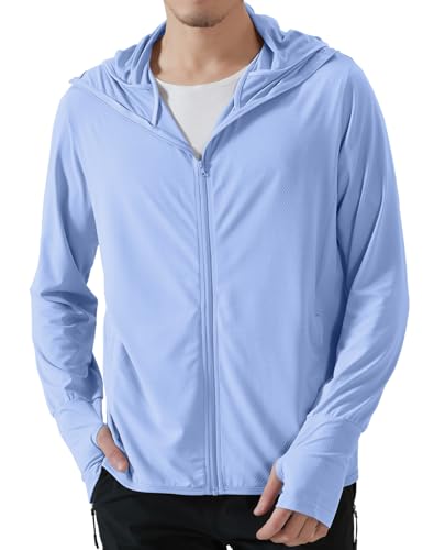 Catálogo de Chaquetas deportivas para Hombre los preferidos por los clientes. 49 Locachy - chamarra con capucha para hombre, protección solar UPF 50+, ligera, con cierre completa, manga larga, para pesca, senderismo, rendimiento, Azul-cielo, M