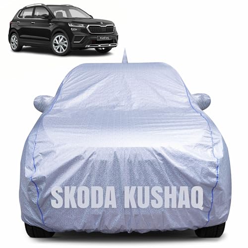 Image of 100% Waterproof Car Body Cover for Skoda Kushaq with Mirror Pocket, Heat & UV Resistant, Triple Stitched, Soft Lining, Bottom Elastic & Piping (Silver Reflective)