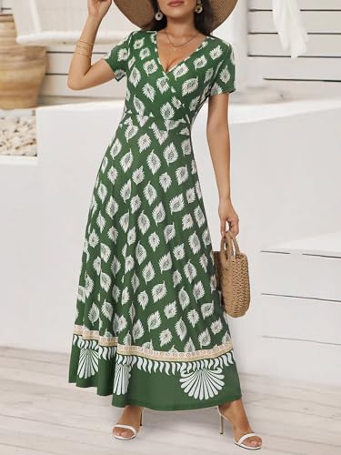 Image of HUHOT Women's Short Sleeve Wrap V Neck Dresses for Wedding Guest Summer Floral Maxi Sundresses with Pockets Boho Dress