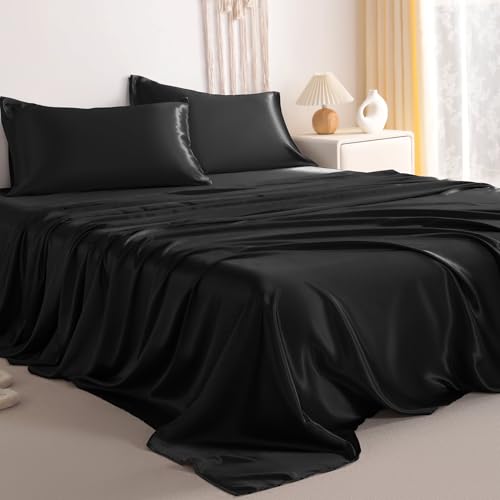 NTBAY Queen Satin Sheet Set, 4 Piece, Black - image 1
