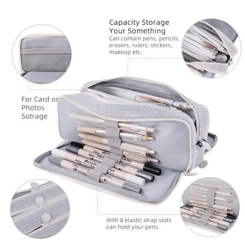 Image of iSuperb Large Pencil Pouch 3 Compartments Pencil Case Big Capacity Pencil Bag for Kids Teen Girls Boys Student School Supplies Pen Organizer Holder Bag (Light Grey)