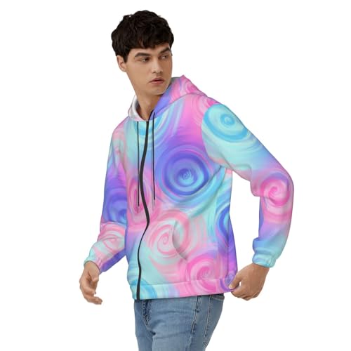 JZDACH Men's Slim Fit Zip-Up Hoodie Pastel Swirl Spiral Tie