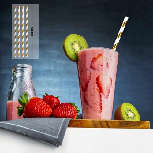 image for ALINK 100 White and Gold Striped Paper Straws, Biodegradable Disposabl