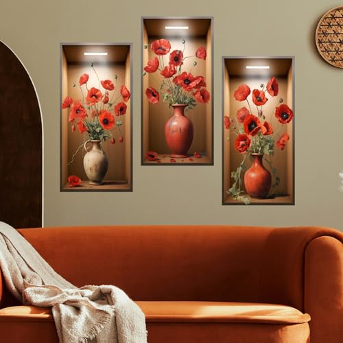 Autocollant mural 3D plantes vertes,3pcs 3D Vases Fleur Autocollants muraux Décalcomanies pour...