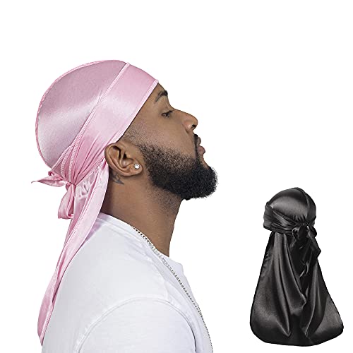 ForceWave 2 Pieces Silky Durag Pack for Men Women Waves, Premium Satin Deluxe Du-rag (Black Pink)