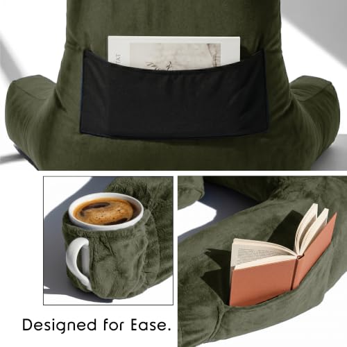 Image of Nestl Reading Pillow with Shredded Memory Foam Includes 2 Neck and Lumber Support Pillows, Designed for Sitting Up in Bed and Couch, Back and Arms Adjustable Support for Adult & Teens, Olive Green
