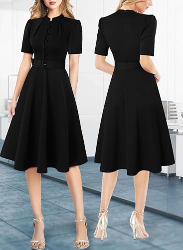 Image of VFSHOW Womens 2024 Business Work Office Pockets Belted Buttons Elegant Fit and Flare A-Line Dress