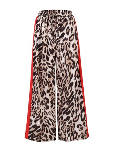 Women's Casual Pants Drawstring Leopard Print Color Block Side Striped Straight Leg Wide Leg Loose Pants3