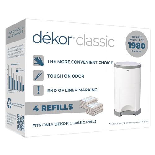 Image of Diaper Dekor Classic Diaper Pail Refills | 4 Count | Most Economical Refill System | Quick & Easy to Replace | No Preset Bag Size Use Only What You Need | Exclusive End-of-Liner Marking