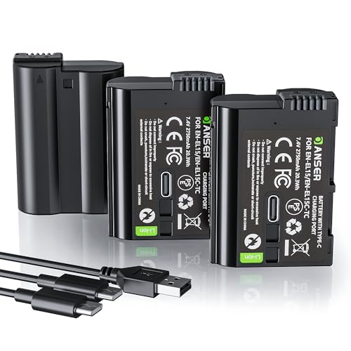 OANSER 3-Pack EL15 USB Rechargeable Battery 2750mAh for Nikon D500 D850, D750, D500, Z6, Z7, Z5, D7500, D7200, D7100,D7200, D800 Cameras–Li-ion Replacement Battery-Includes USB Port, High Capacity