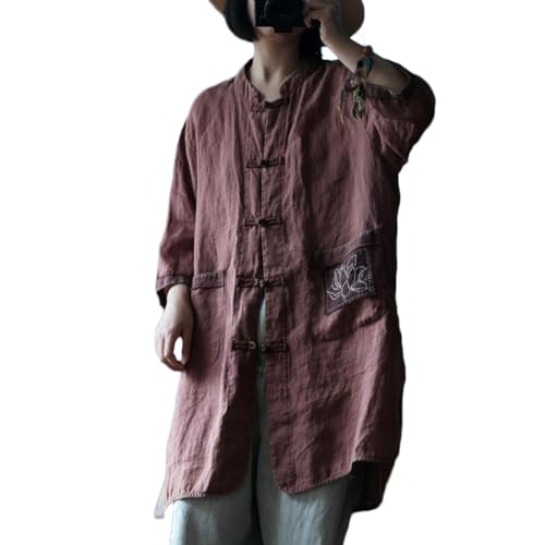 NFYM Women Lightweight Linen Kimono Jacket Frog Buttons Up Embroidery Pocket Vintage Cardigan Trench Coat