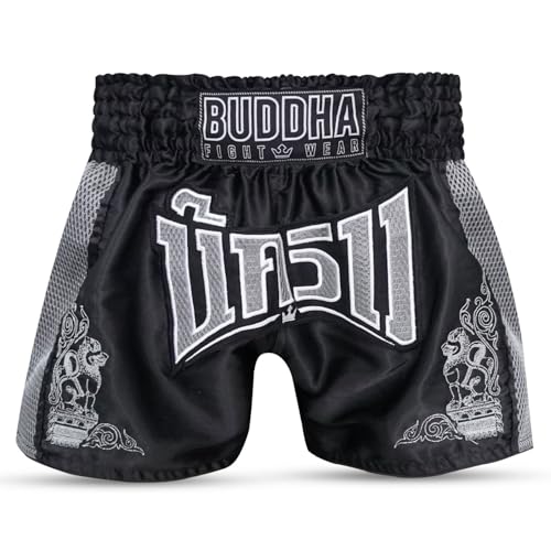Buddha Fight Wear Pantalón Muay Thai y Kick Boxing Kanok – Short Profesional en Satén Premium, Diseño Multicolor, Ligero y Resistente. (FR/ES, Letras, L, Regular, Regular, Negro/Gris)