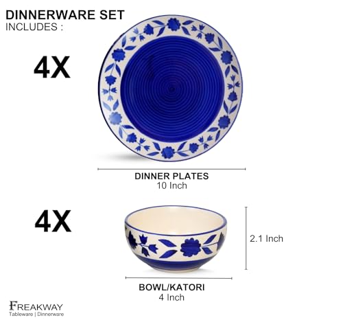 Image of Freakway Hand-Painted Floral Dinner Ceramic Sets of 8 Pieces Including (10 Inch) - 4 Dinner Plates with 4 Serving Bowls (180 Ml) | Dishwasher & Microwave Safe - Royal Blue