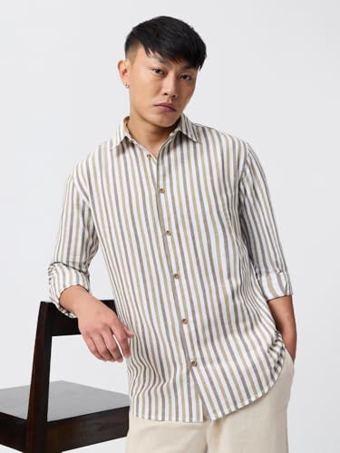 Image of The Souled Store: Echo Men and Boys Long Sleeve Spread Collar Beige and Blue Striped Regular Fit Casual Easy to Wear Summer Ready Lightweight Cotton Linen Shirt