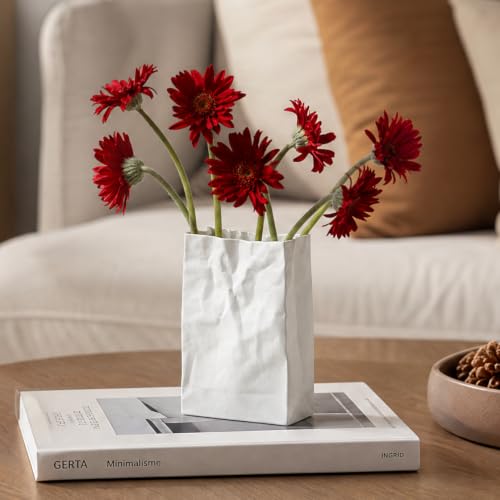 Pumtus Crinkle Paper Bag Ceramic Vase, 7.5 Inch Unique Flower Vase, White Matte Square Wide Mouth Pleated Planter, Minimalist Boho Pot for Flower Arrangement Table Centerpiece Home Office Decor